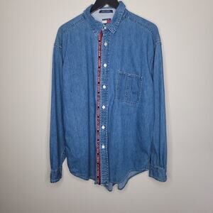 Vintage Tommy Jeans Chambray Work Shirt Men XL Spell‎ out Logo Hilfiger